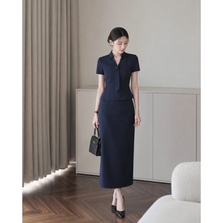 VT260511 -  Set Công Sở Nữ Cao Cấp Xanh Navy Áo Tay Ngắn Cổ Nơ Chân Váy Midi Dài Ôm Dáng Thanh Lịch