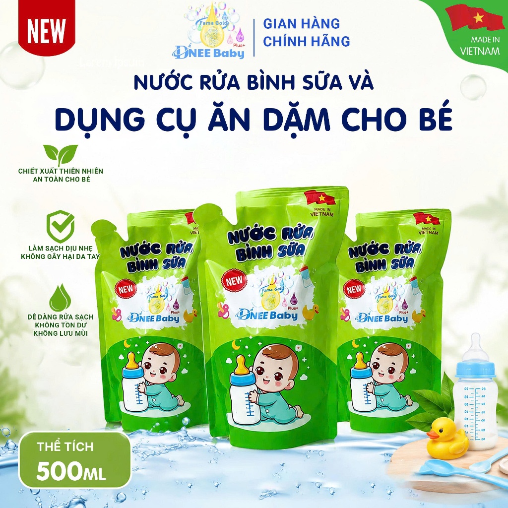 Nước Rửa Bình Sữa Dnee Baby  500ml Chính Hãng |Rửa Bình, Núm Ti, Rau Củ Quả An Toàn Cho Bé Sơ Sinh
