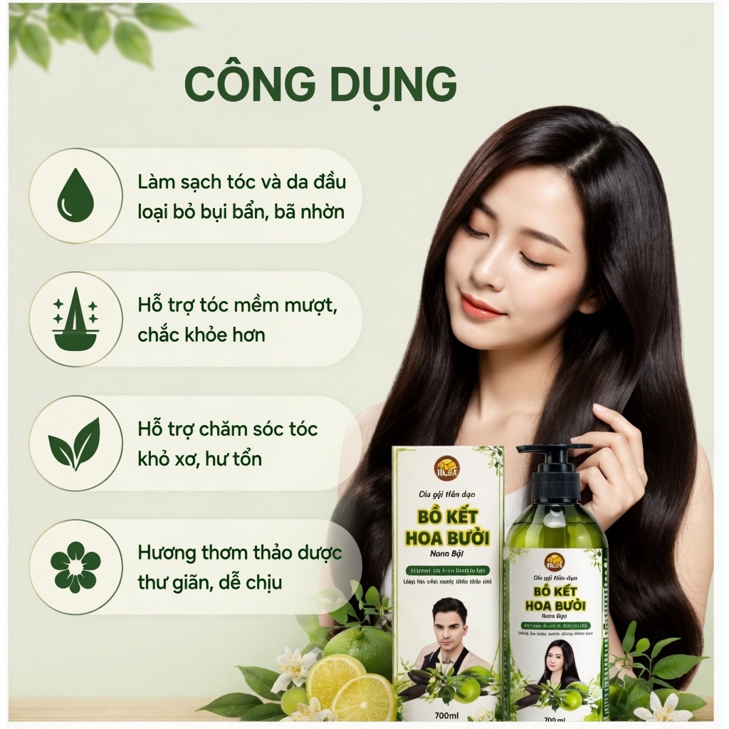 Dầu Gội Thảo Dược Bồ Kết Hoa Bưởi Nano Bạc NCT3 300ml Cho Tóc Mềm Mượt