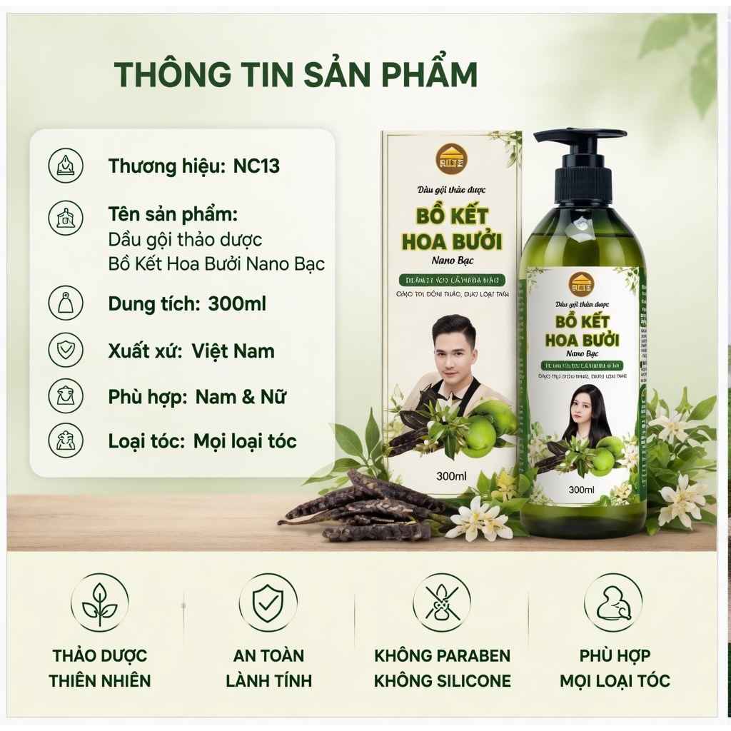 Dầu Gội Thảo Dược Bồ Kết Hoa Bưởi Nano Bạc NCT3 300ml Cho Tóc Mềm Mượt