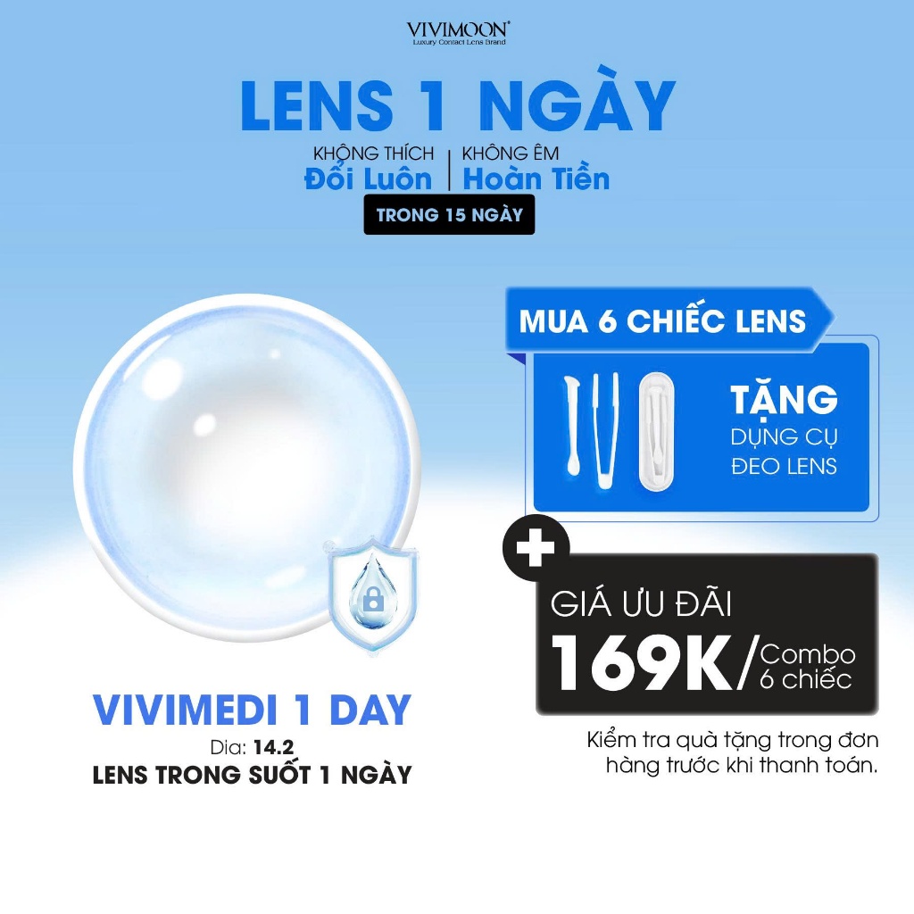 Lens cận trong suốt 1 ngày VIVIMOON Vivimedi, kính áp tròng khóa ẩm (Giá 01 chiếc/01 bên mắt - x2 để chọn 01 đôi)