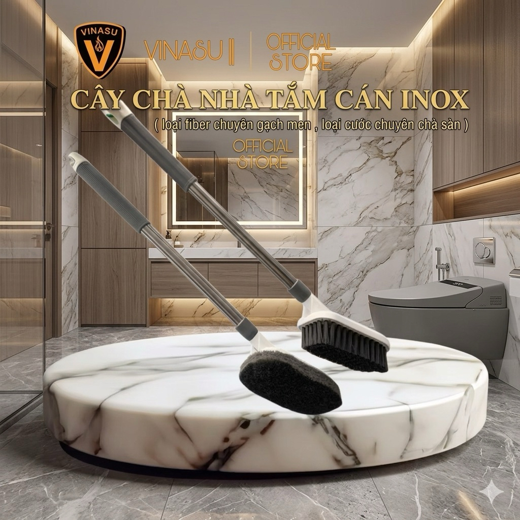 Bàn chải fiber, bàn chải chà gạch men chống trầy cán dài inox Vinasu