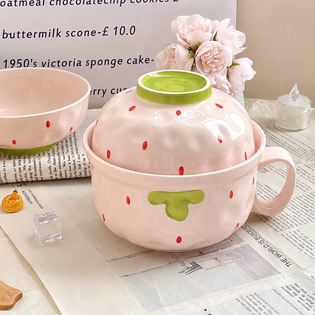 Bát Sứ Ăn Mì Dung Tích Lớn 1000ml – Tô Ăn Mì, Cháo, Cơm Hoạ Tiết Dâu Tây Dễ Thương Phong Cách Hàn Quốc