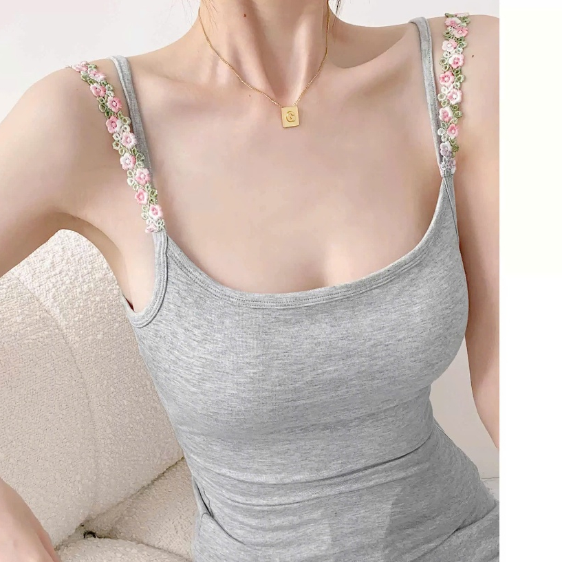 Áo Hai Dây Nữ Có Mút Ngực Dây Hoa Thêu Nổi Ôm Dáng Co Giãn Mềm Mịn Phong Cách Hàn Quốc Dandallovely Hottrend