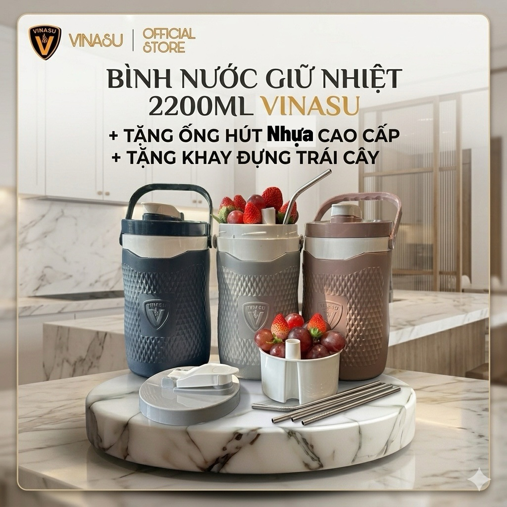 Bình giữ nhiệt 2 trong 1 Vinasu 296 tặng kèm 1 khay chứa trái cây và 1 ống hút