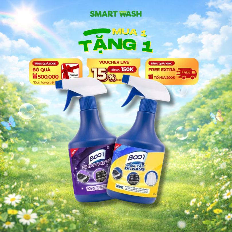 [MUA 1 TẶNG 1] BỘ TẨY ĐA NĂNG BOO'I 10IN1 1000g/2chai, tẩy sạch mốc, vết két mồ hôi, dầu mỡ trên cả quần áo trắng và màu