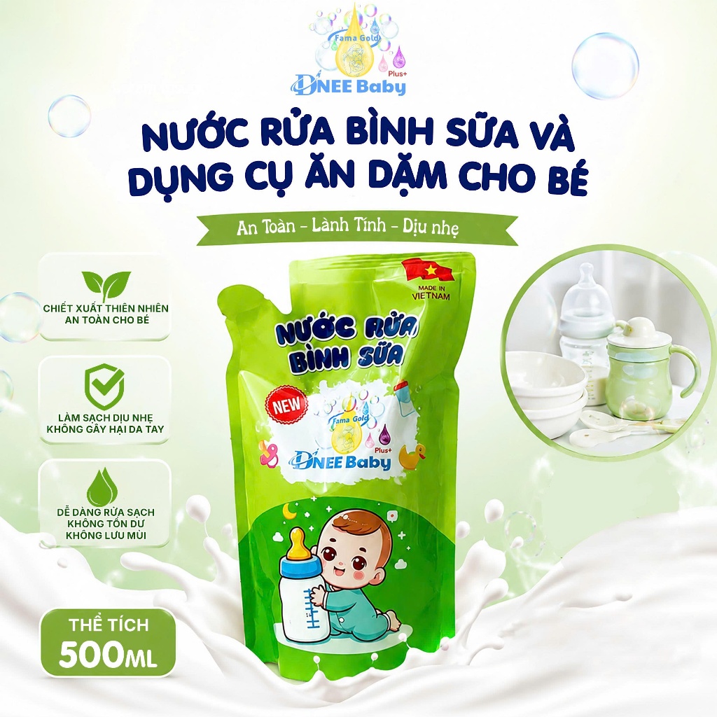 Nước Rửa Bình Sữa Dnee Baby  500ml Chính Hãng |Rửa Bình, Núm Ti, Rau Củ Quả An Toàn Cho Bé Sơ Sinh