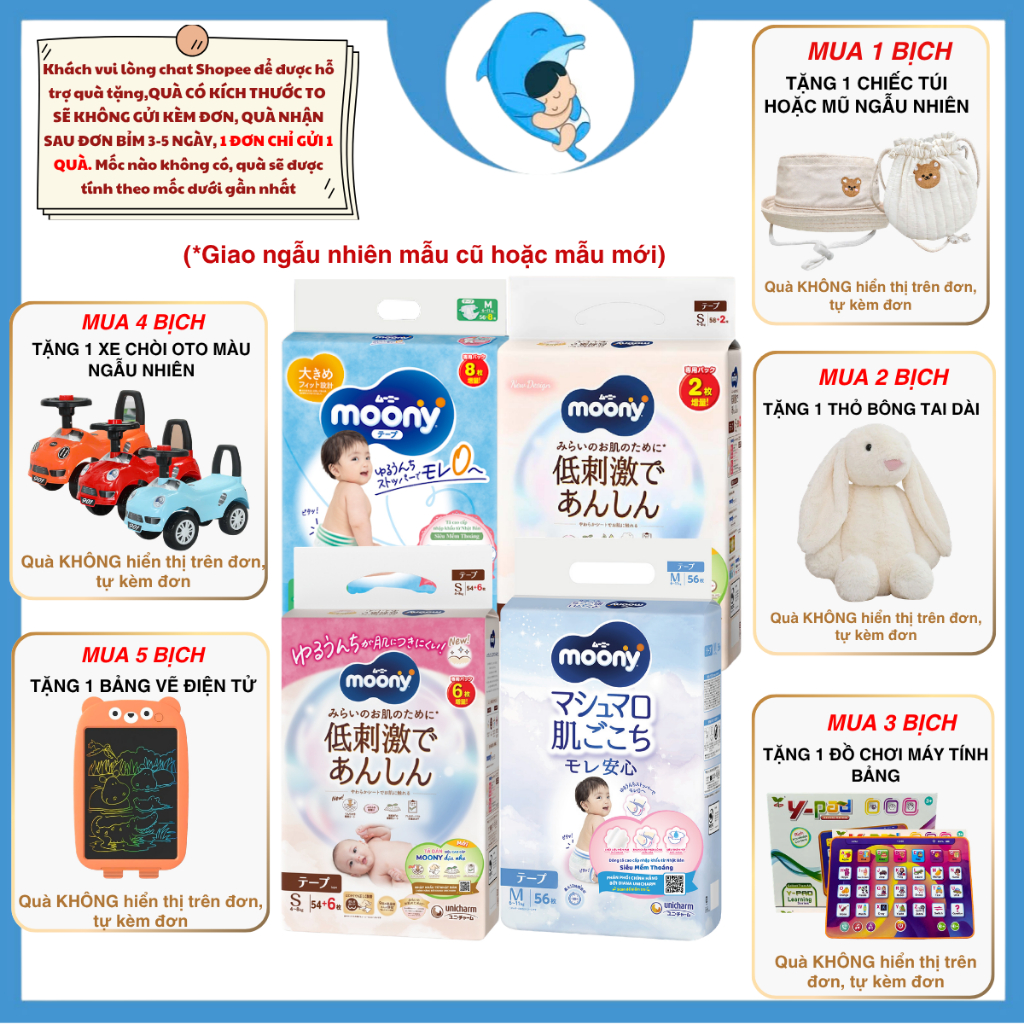 Tã/Bỉm Moony dịu nhẹ quần, dán đủ sizeNB60/S54/M46/L38/L36/XL32 cho bé 0-22kg MECAHEO