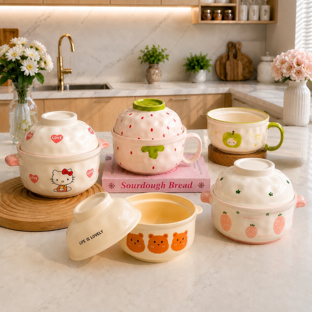 Bát Sứ Ăn Mì Dung Tích Lớn 1000ml – Tô Ăn Mì, Cháo, Cơm Hoạ Tiết Dâu Tây Dễ Thương Phong Cách Hàn Quốc