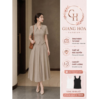 VT260516 -Set Công Sở Nữ Cao Cấp Màu Be Áo Tay Ngắn Cổ Bẻ Chân Váy Midi Xòe Dài Thanh Lịch Tôn Dáng