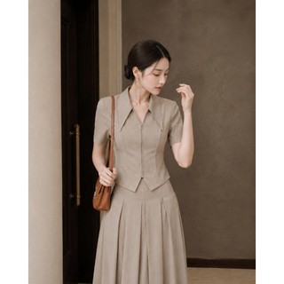 VT260516 -Set Công Sở Nữ Cao Cấp Màu Be Áo Tay Ngắn Cổ Bẻ Chân Váy Midi Xòe Dài Thanh Lịch Tôn Dáng