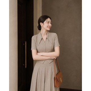 VT260516 -Set Công Sở Nữ Cao Cấp Màu Be Áo Tay Ngắn Cổ Bẻ Chân Váy Midi Xòe Dài Thanh Lịch Tôn Dáng