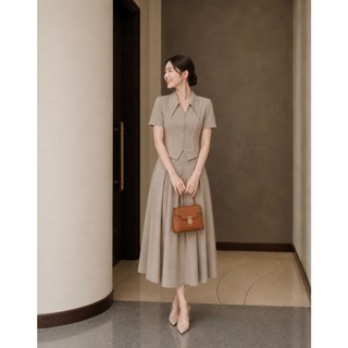 VT260516 -Set Công Sở Nữ Cao Cấp Màu Be Áo Tay Ngắn Cổ Bẻ Chân Váy Midi Xòe Dài Thanh Lịch Tôn Dáng