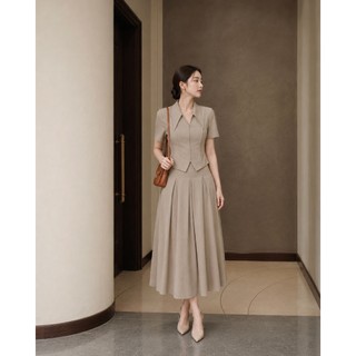 VT260516 -Set Công Sở Nữ Cao Cấp Màu Be Áo Tay Ngắn Cổ Bẻ Chân Váy Midi Xòe Dài Thanh Lịch Tôn Dáng
