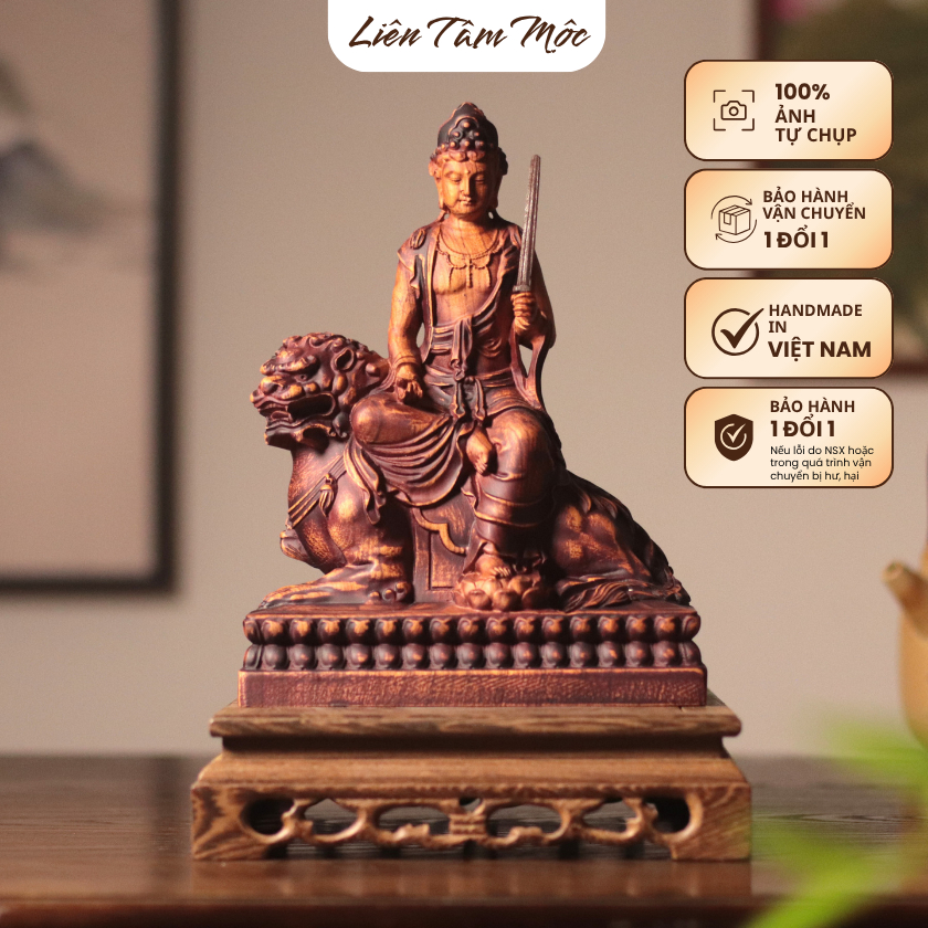 Tượng Văn Thù Sư Lợi Bồ Tát, Gỗ Hương Nguyên Khối Cao 25cm, Thủ Công, Tinh Xảo, Thờ Cúng Tâm Linh, Trang Trí Phòng Thờ
