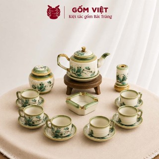 Bộ ấm chén vẽ tay dáng chữ thập nhiều họa tiết, dung tích 470ml - Gốm sứ Bát Tràng - Gốm Việt