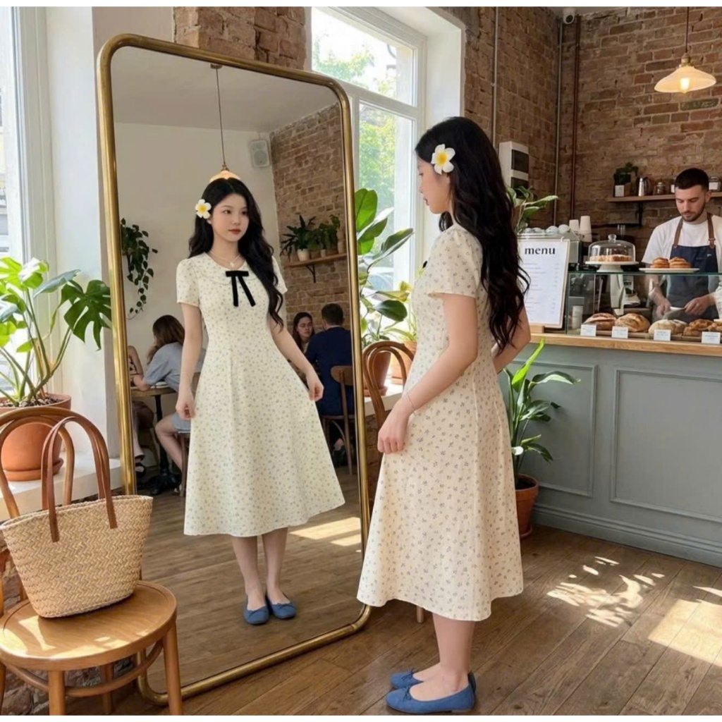Váy chấm bi cổ sen đính nơ họa tiết chiết eo nhẹ nhàng dáng xòe dáng dài -TL.Online Shop VA004