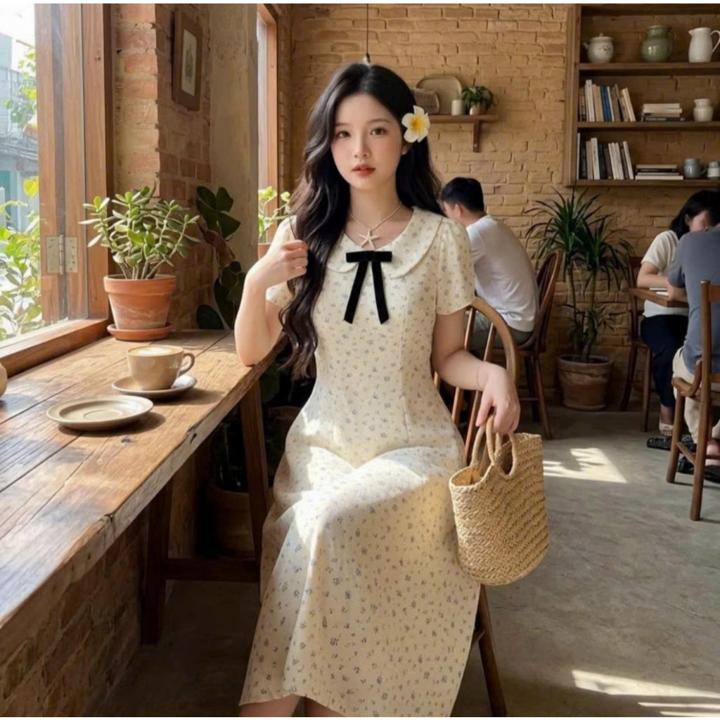 Váy chấm bi cổ sen đính nơ họa tiết chiết eo nhẹ nhàng dáng xòe dáng dài -TL.Online Shop VA004