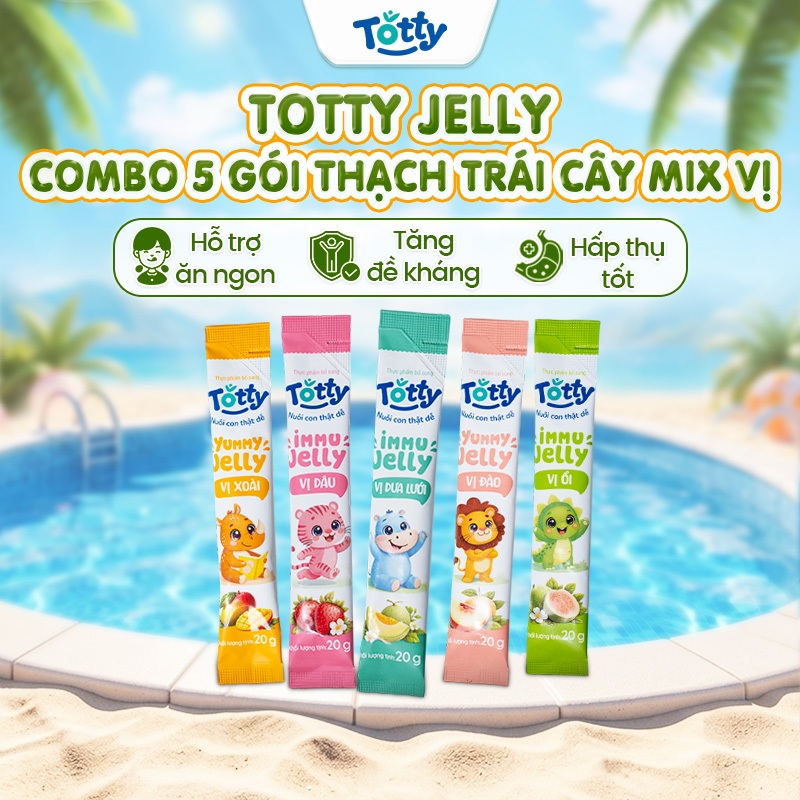 [Deal trải nghiệm] Combo 5 Gói Thạch Trái Cây Mix Vị Totty Yummy & Immu Jelly Cho Bé, Bổ Sung Vitamin & Kẽm 20g/1 Gói
