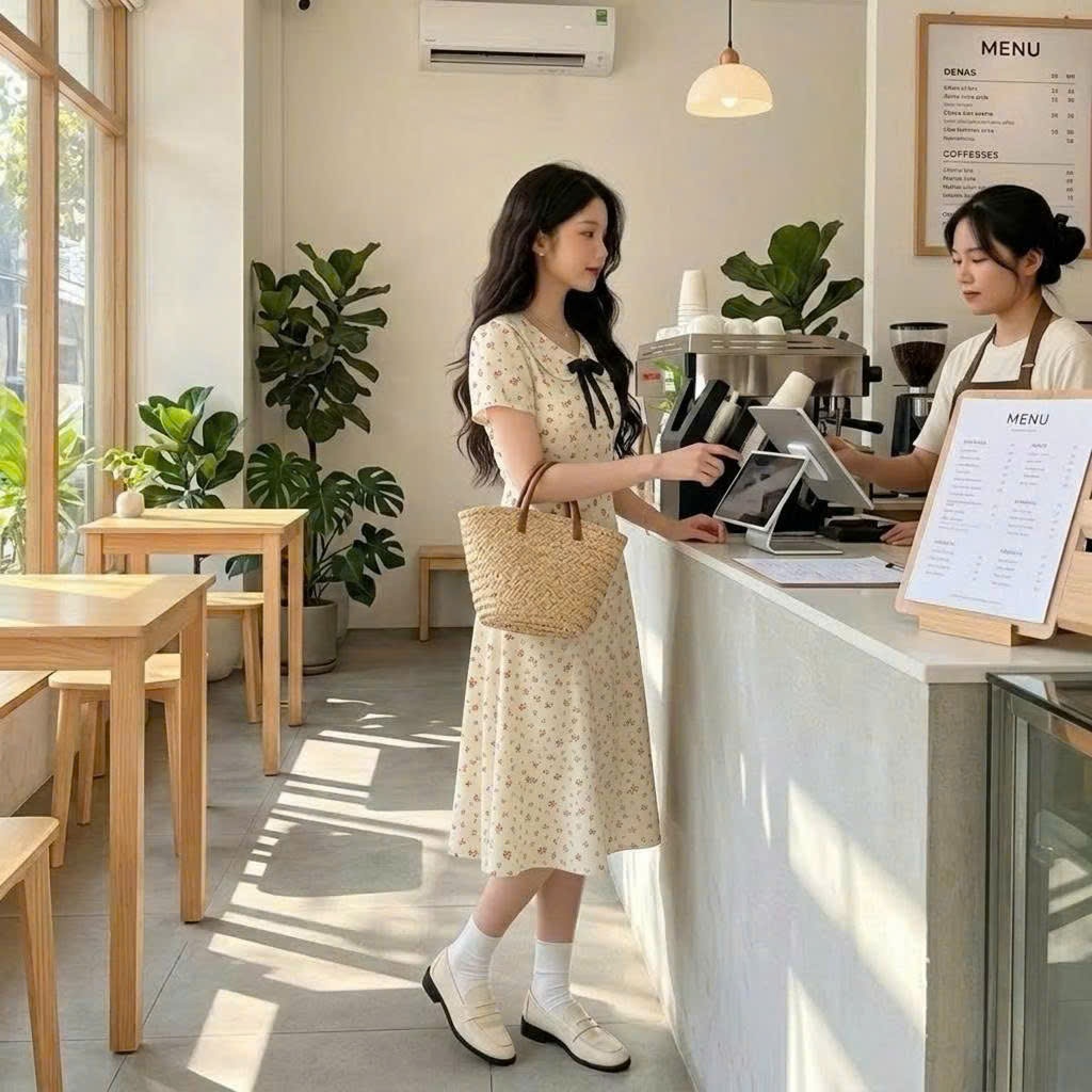 Váy chấm bi cổ sen đính nơ họa tiết chiết eo nhẹ nhàng dáng xòe dáng dài -TL.Online Shop VA004