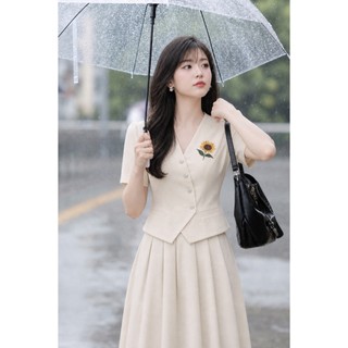 VT260416 - Set Váy Công Sở Nữ Cao Cấp Màu Be Kem Áo Cổ V Tay Ngắn Chân Váy Midi Dài Thanh Lịch Tôn Dáng