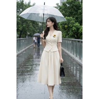 VT260416 - Set Váy Công Sở Nữ Cao Cấp Màu Be Kem Áo Cổ V Tay Ngắn Chân Váy Midi Dài Thanh Lịch Tôn Dáng