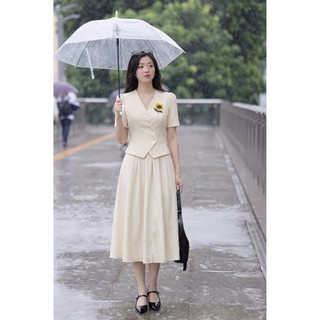 VT260416 - Set Váy Công Sở Nữ Cao Cấp Màu Be Kem Áo Cổ V Tay Ngắn Chân Váy Midi Dài Thanh Lịch Tôn Dáng