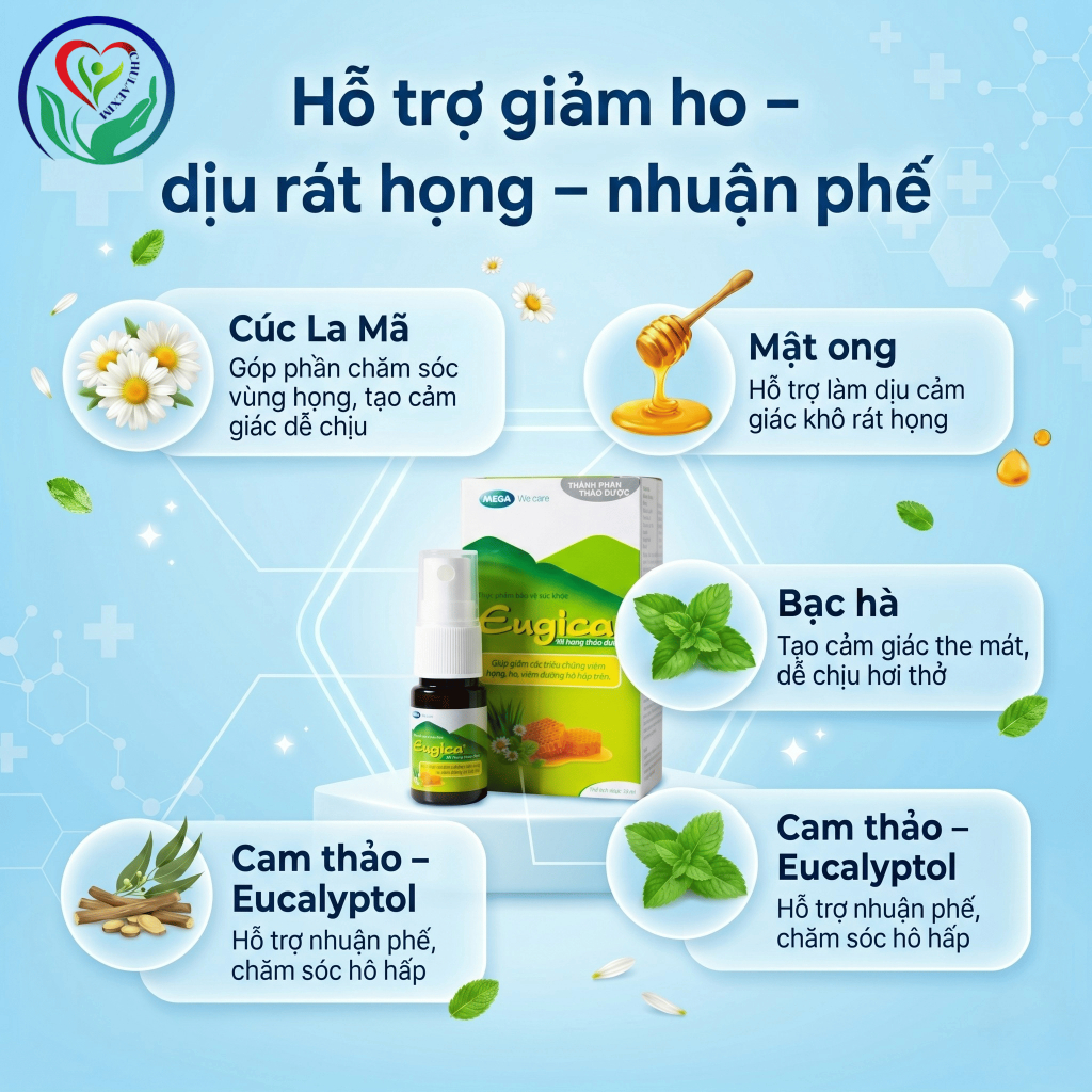 Xịt họng Eugica 10ml thảo dược hỗ trợ giảm ho khan, ho gió, dịu rát họng