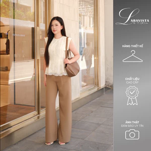 LABAVISTA Áo peplum cổ tròn vải ren kem có đệm vai, chân ren tỉ mỉ, thiết kế cao cấp