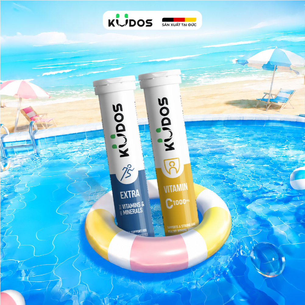 Combo 2 TPBVSK Viên Sủi KUDOS VITAMIN C 1000MG + Viên sủi KUDOS EXTRA bổ sung vitamin tổng hợp, Magie, Kẽm (20 viên/tuýp