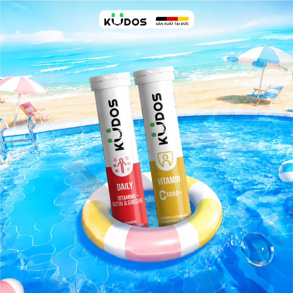 Combo 2 TPBVSK Viên sủi KUDOS DAILY bổ sung vitamin tổng hợp & nhân sâm + Viên sủi KUDOS VITAMIN C 1000MG (20 viên/tuýp)