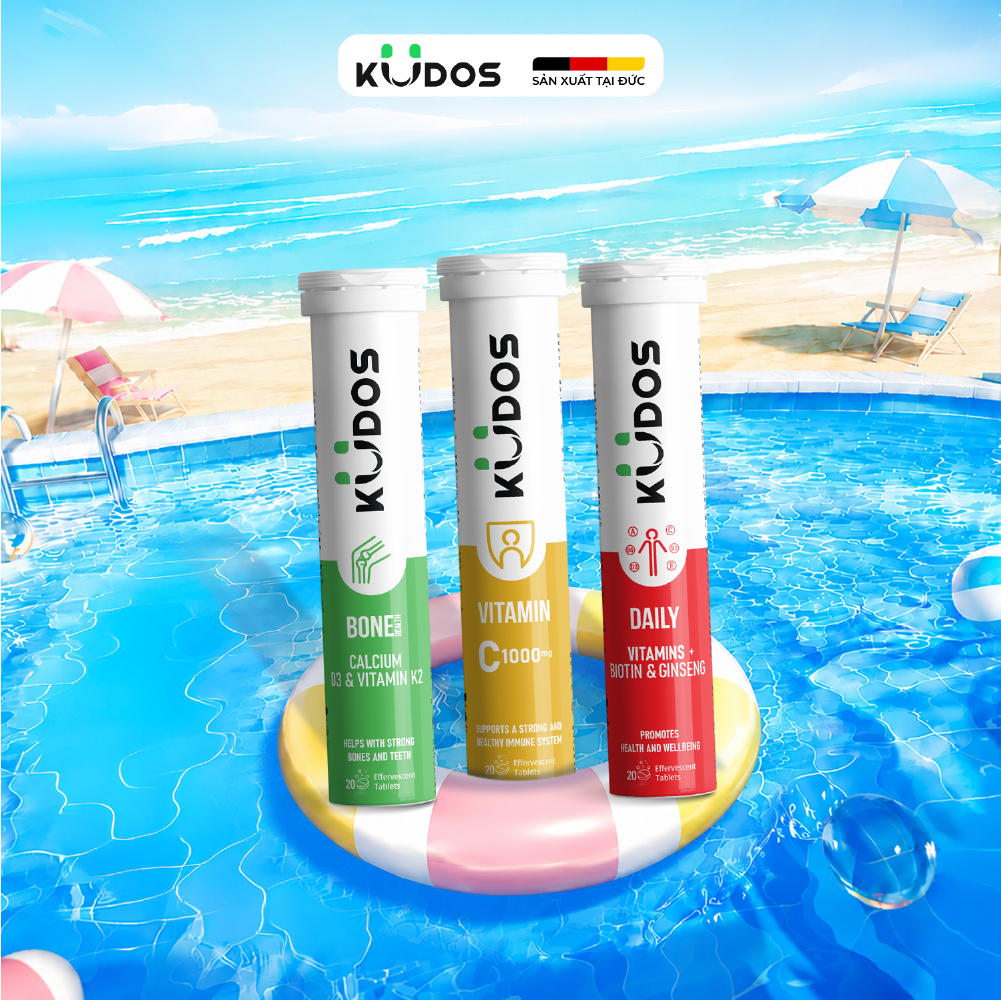 Combo 3 TPBVSK Viên sủi KUDOS VITAMIN C 1000MG + Viên Sủi KUDOS BONE + Viên Sủi KUDOS DAILY (20 viên/tuýp)