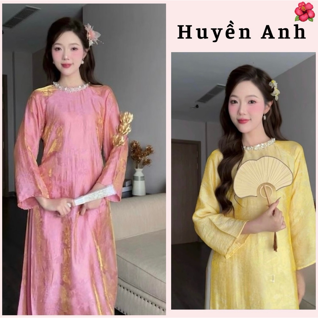 Áo Dài Tết Xuân Mai , Áo Dài Cách Tân Dáng Suông, Tay Loe Dài, Cổ Đính Ngọc Trai, Thích Hợp Đi Lễ Tiệc,Chụp Ảnh,Đi Chơi