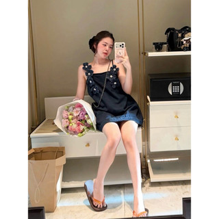 Váy bò mềm hai dây đính hoa dáng váy babydoll dễ thương