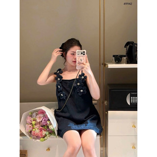 Váy bò mềm hai dây đính hoa dáng váy babydoll dễ thương