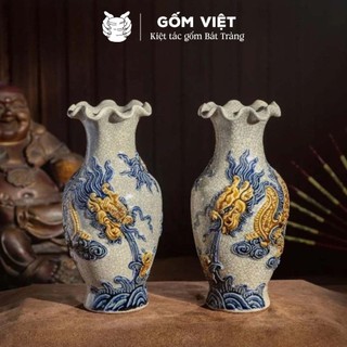 Lọ lượn men rạn đắp nổi Rồng, Hoa Sen Bát Tràng - Lọ thờ cúng phong thủy cao cấp, trang trí bàn thờ - Gốm Việt Pottery