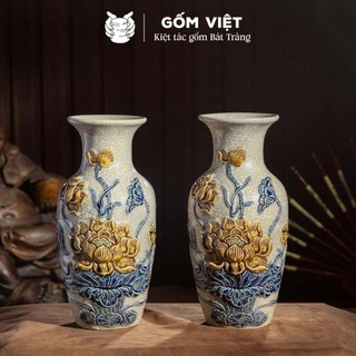 Lọ lượn men rạn đắp nổi Rồng, Hoa Sen Bát Tràng - Lọ thờ cúng phong thủy cao cấp, trang trí bàn thờ - Gốm Việt Pottery