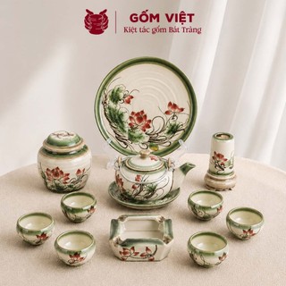 Bộ ấm chén vẽ tay kèm khay dung tích 360ml dáng giỏ cua nhiều họa tiết - Gốm sứ Bát Tràng - Gốm Việt