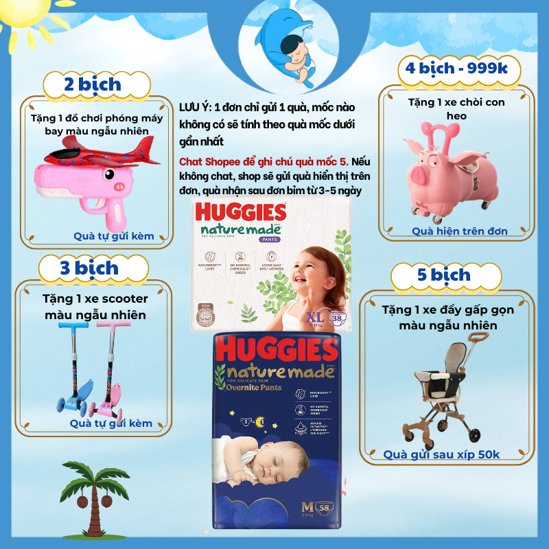 [SP có voucher Live X] Bỉm dán/quần Huggies Nature Made đủ size cho bé NB60/S82/M64/L54/XL44/M58/L44/XL38/2XL24 MECAHEO