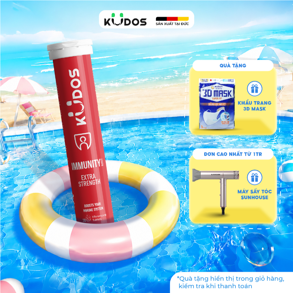 TPBVSK Viên sủi KUDOS IMMUNITY bổ sung 1000mg vitamin C, Kẽm, D3, E, Selen (20 viên/tuýp)