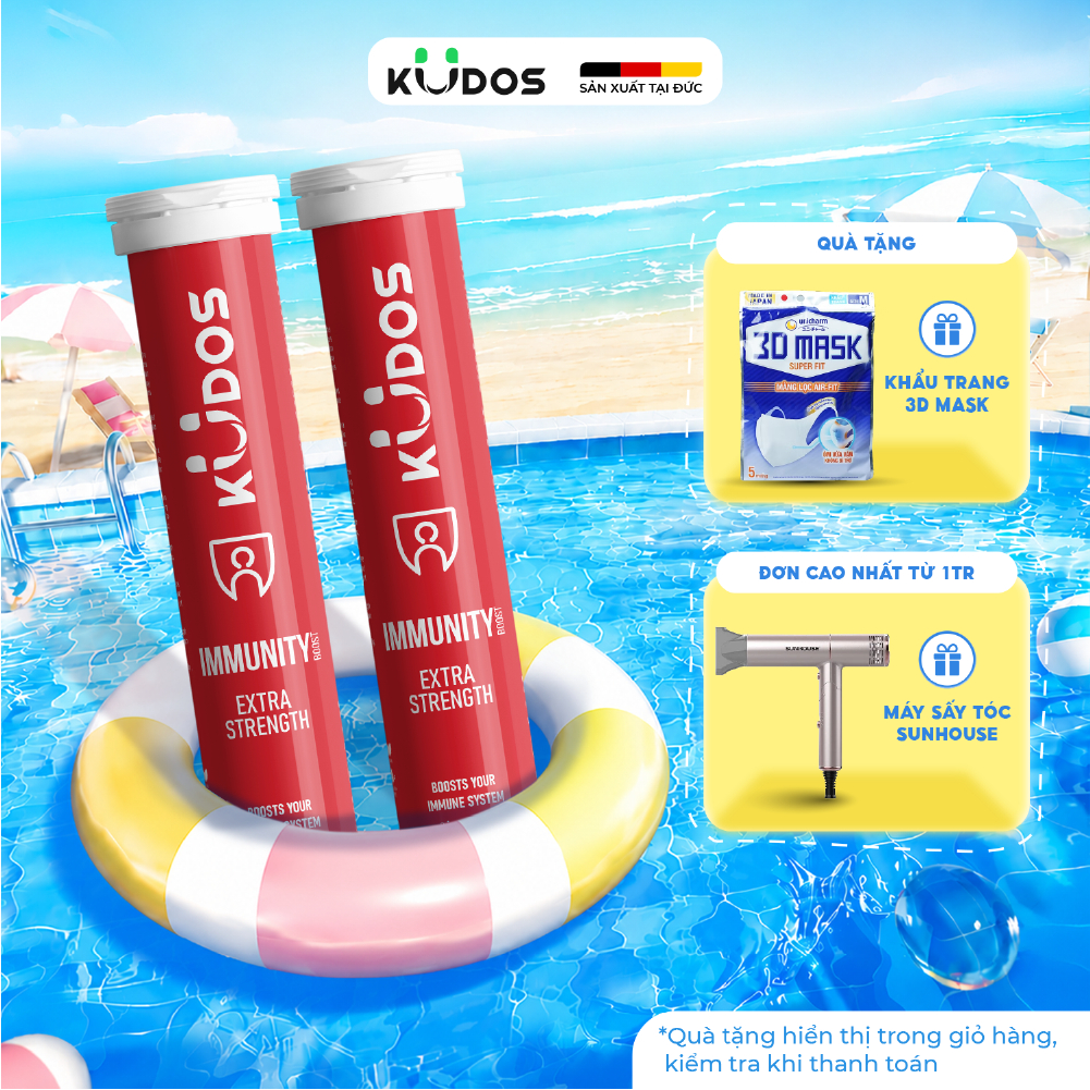 Combo 2  Tuýp TPBVSK Viên sủi KUDOS IMMUNITY bổ sung 1000mg vitamin C, Kẽm, D3, E, Selen (20 viên/tuýp)
