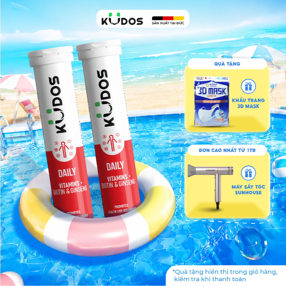 Combo 2 Tuýp TPBVSK Viên sủi KUDOS DAILY VITAMINS PLUS BIOTIN & GINSENG bổ sung vitamin tổng hợp và nhân sâm (20v/tuýp)