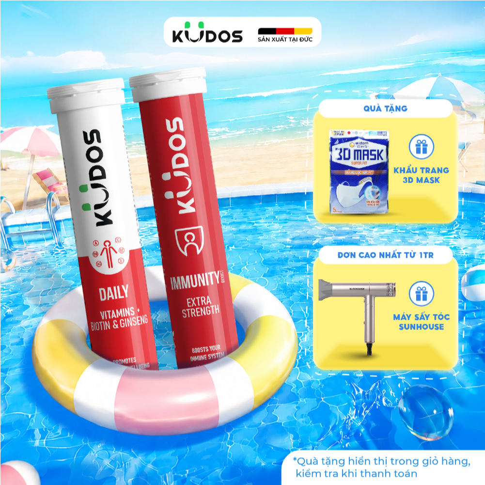 Combo 2 TPBVSK Viên sủi KUDOS IMMUNITY + Viên sủi KUDOS DAILY bổ sung vitamin tổng hợp và nhân sâm (20 viên/tuýp)