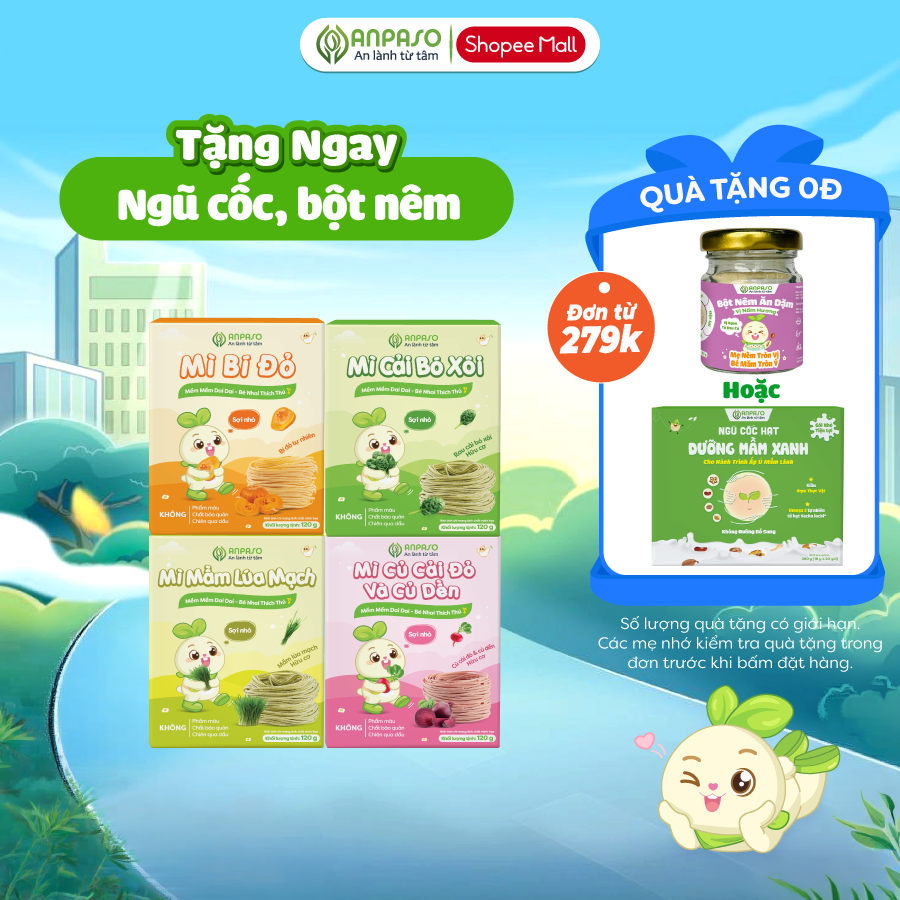 Mì Ăn Dặm cho bé Anpaso -  Đồ Ăn Dặm Cho Bé Vị Rau Củ - Mỳ Cải Bó Xôi Hữu Cơ Organic gói 120g