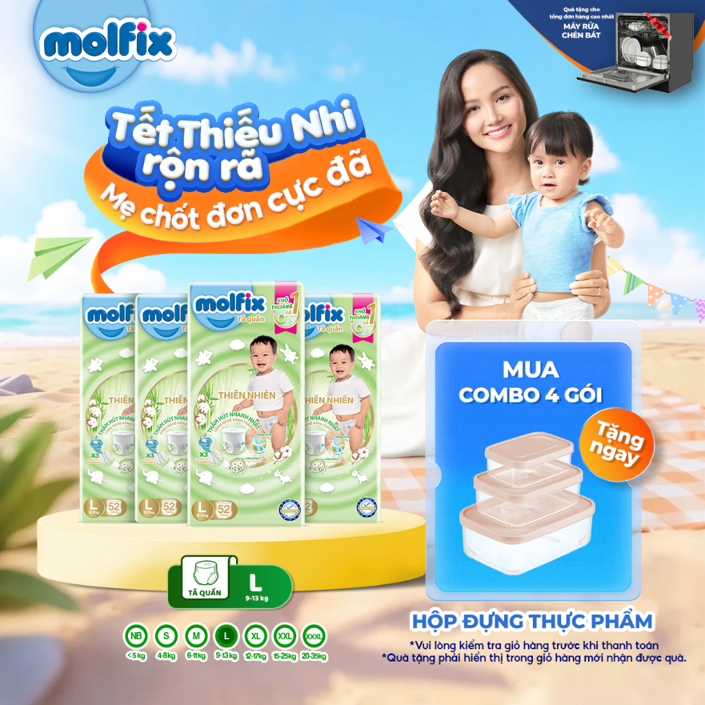[Tặng bộ hộp đa năng] Combo 4 Tã/bỉm quần Molfix Thiên nhiên Super Jumbo đủ size M56/L52/XL46/XXL42