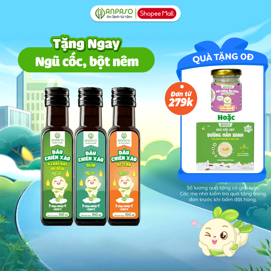 Dầu Chiên Xào Cho Bé Ăn Dặm Anpaso 100ml chịu nhiệt trên 200 độ C - Dầu oliu, óc chó, mix hạt