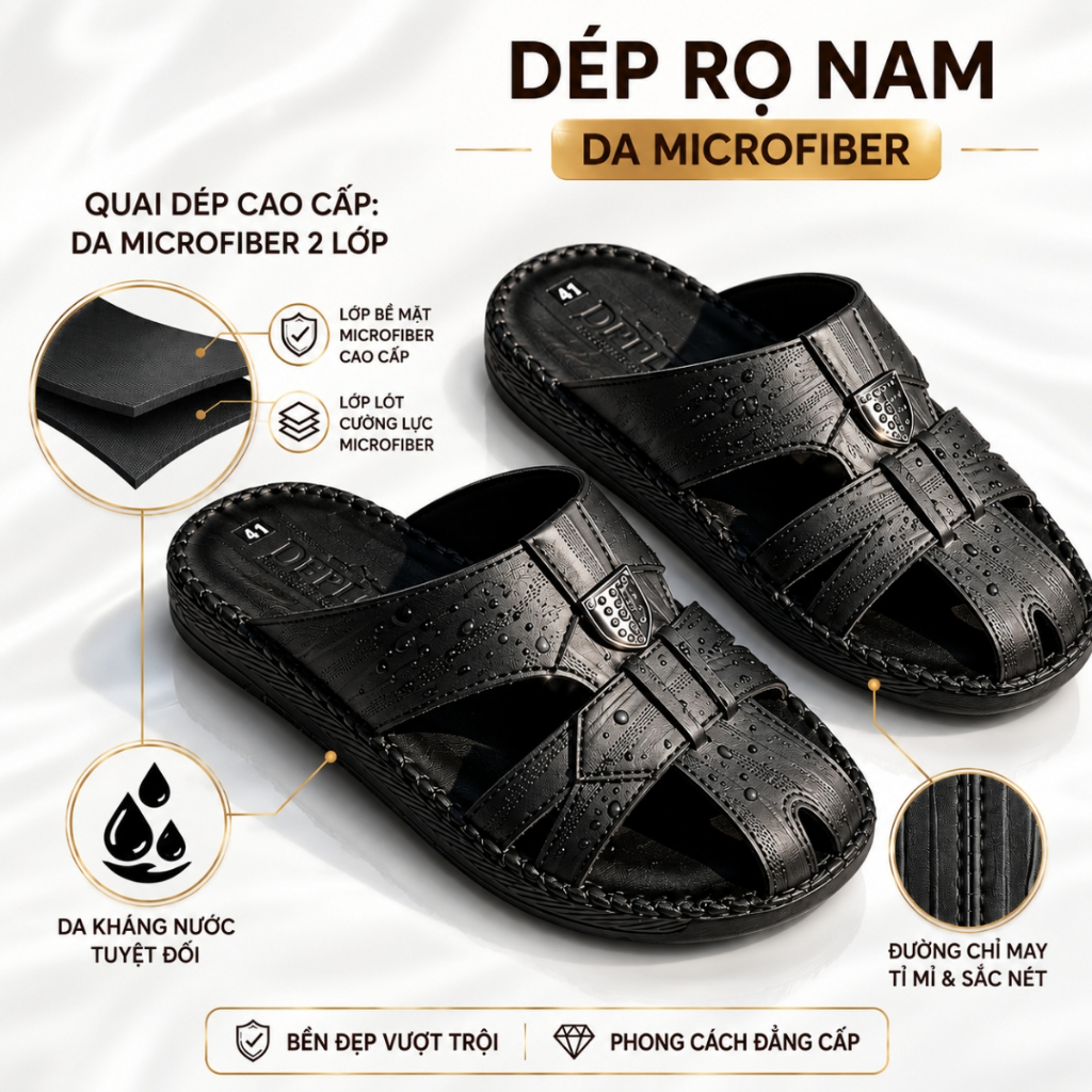 Dép Rọ Nam Da Microfiber 2 Lớp Kháng Nước, Đế Khâu Chỉ Bền Bỉ Chống Trơn Trượt - Bảo Hành 12 Tháng
