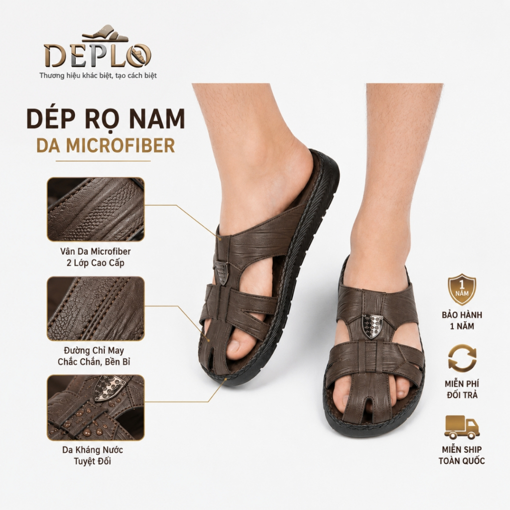 Dép Rọ Nam Da Microfiber 2 Lớp Kháng Nước, Đế Khâu Chỉ Bền Bỉ Chống Trơn Trượt - Bảo Hành 12 Tháng