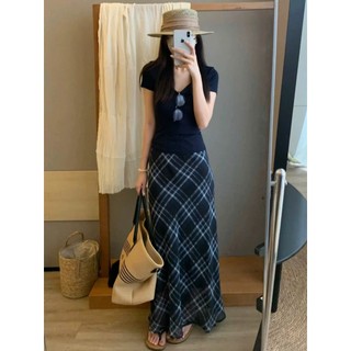 Chân Váy Voan Dáng Đuôi Cá Maxi MELY Họa Tiết Kẻ CARO Lưng Chun Hàng Quảng Châu Cao Cấp.