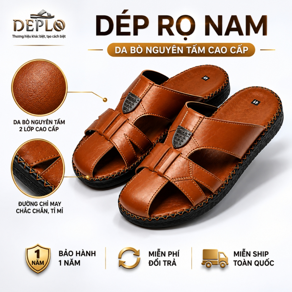 Dép Rọ Nam Da Bò Nguyên Tấm 2 Lớp Chống Nước, Đai Chỉ May Thủ Công Tinh Tế - Bảo Hành 12 Tháng
